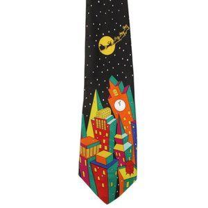 Andaloro Santa Reindeer Sleigh Christmas Flying Over City Men's Silk Neck Tie